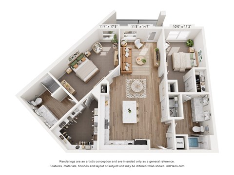 Floor plan for 2 beds, 2 baths, 1302 sqft